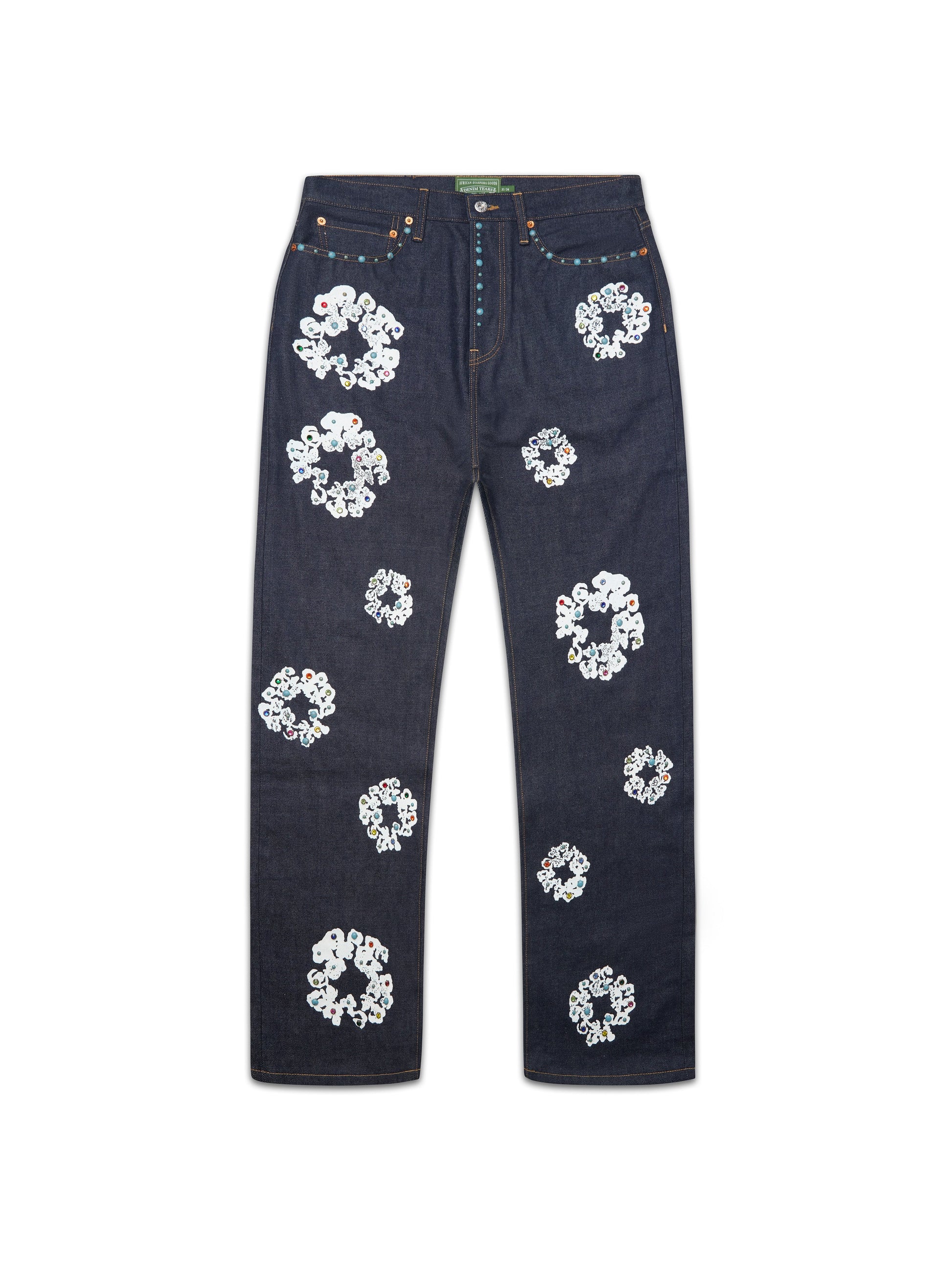 Baggy Studded Cotton Wreath Denim Pant Selvedge