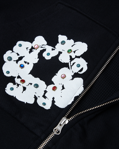 Rhinestone Cotton Wreath Zip Hoodie Black – view 3