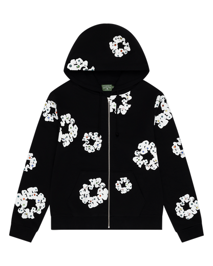 Rhinestone Cotton Wreath Zip Hoodie Black