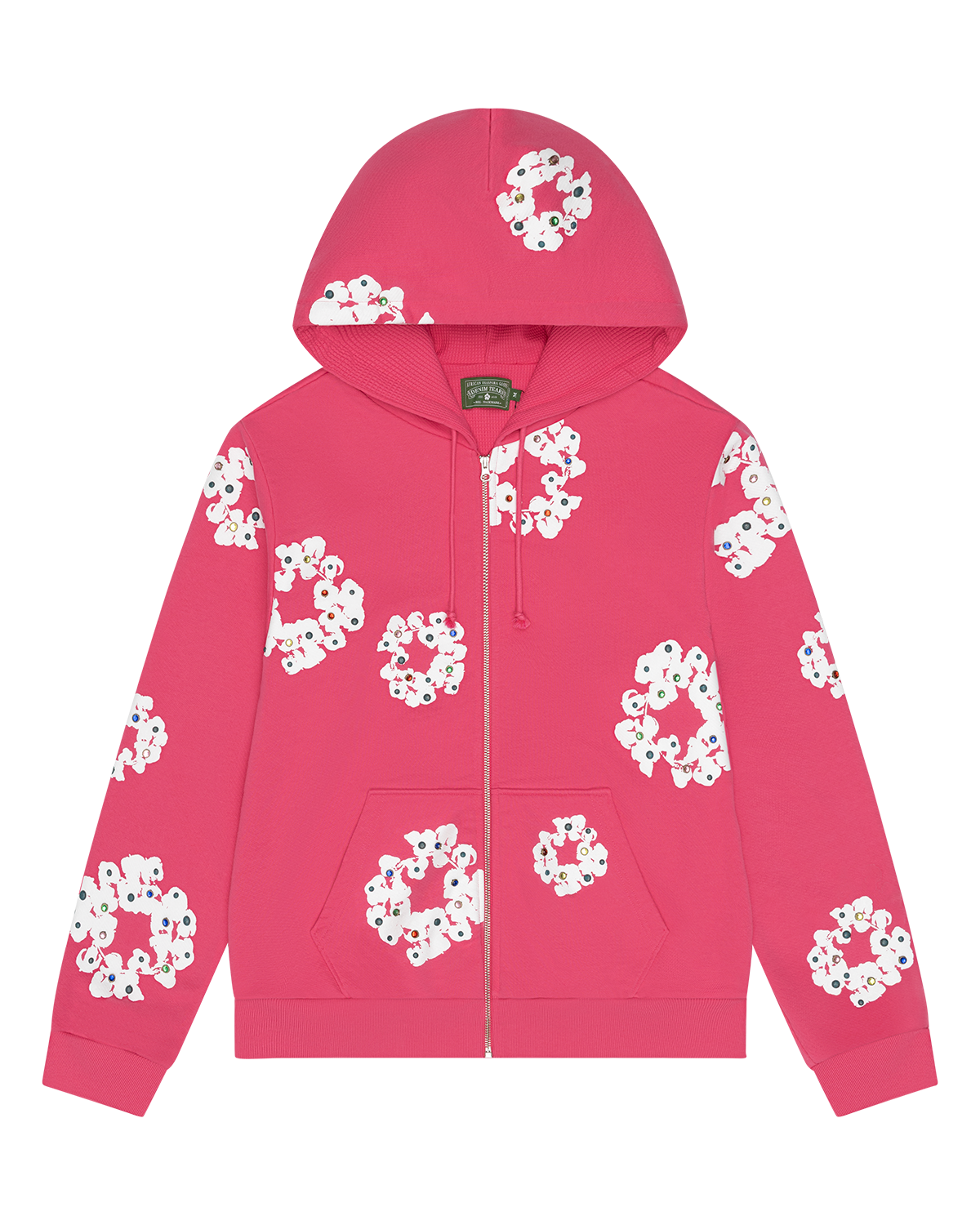 Rhinestone Cotton Wreath Zip Hoodie Pink