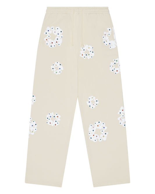 Rhinestone Cotton Wreath Open Hem Sweatpants Oatmeal