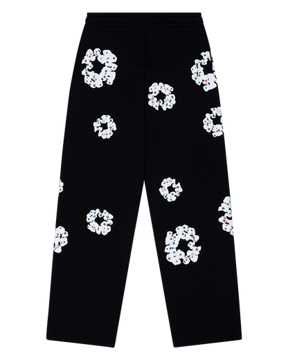 Rhinestone Cotton Wreath Open Hem Sweatpants Black