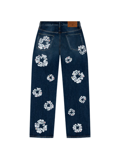 Baggy Rhinestone Cotton Wreath Denim Pant Dark Wash – view 2